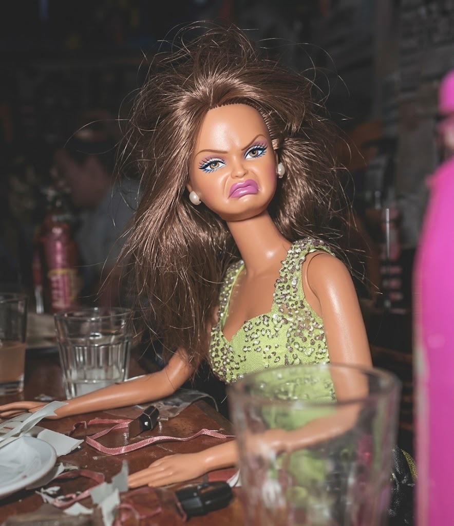 A doll in a green sequin dress at a messy bar table, looking thoroughly disgusted